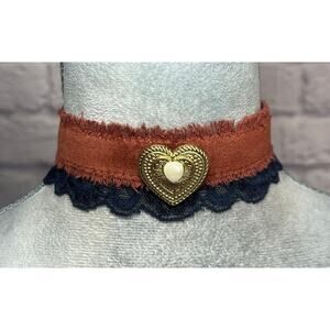 Handmade Velvet and Lace Choker with Vintage Heart Pearl Brooch